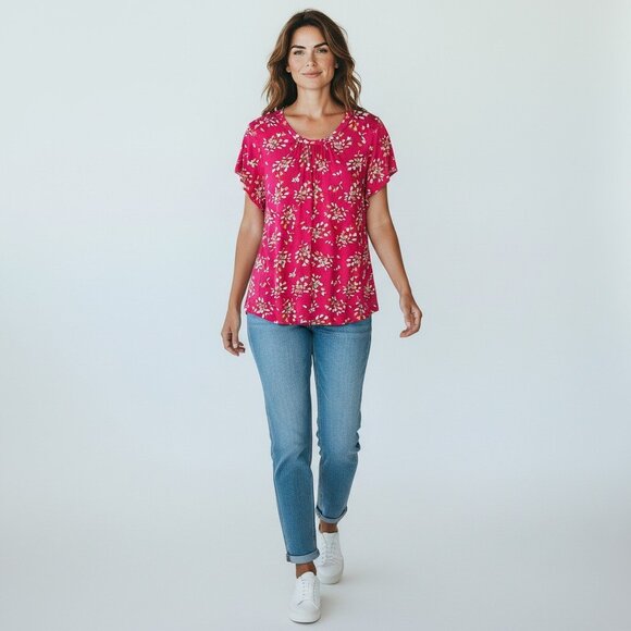 Liz Claiborne Women's Deep Pink Floral Short Flutter Sleeve Blouse – Size 0X - Picture 4 of 4